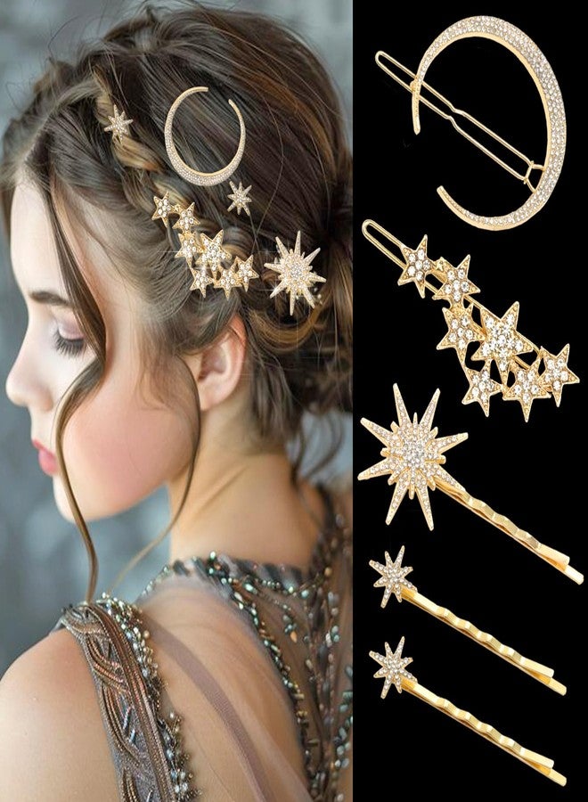 VENOFEN Rhinestone Moon Hair Clips Gold Star Hair Pins Sparkly Crystal Decorative Bobby Pins for Women Vintage Bridal Side Clips Wedding Prom Party Celestial Hair Accessories - Image 1